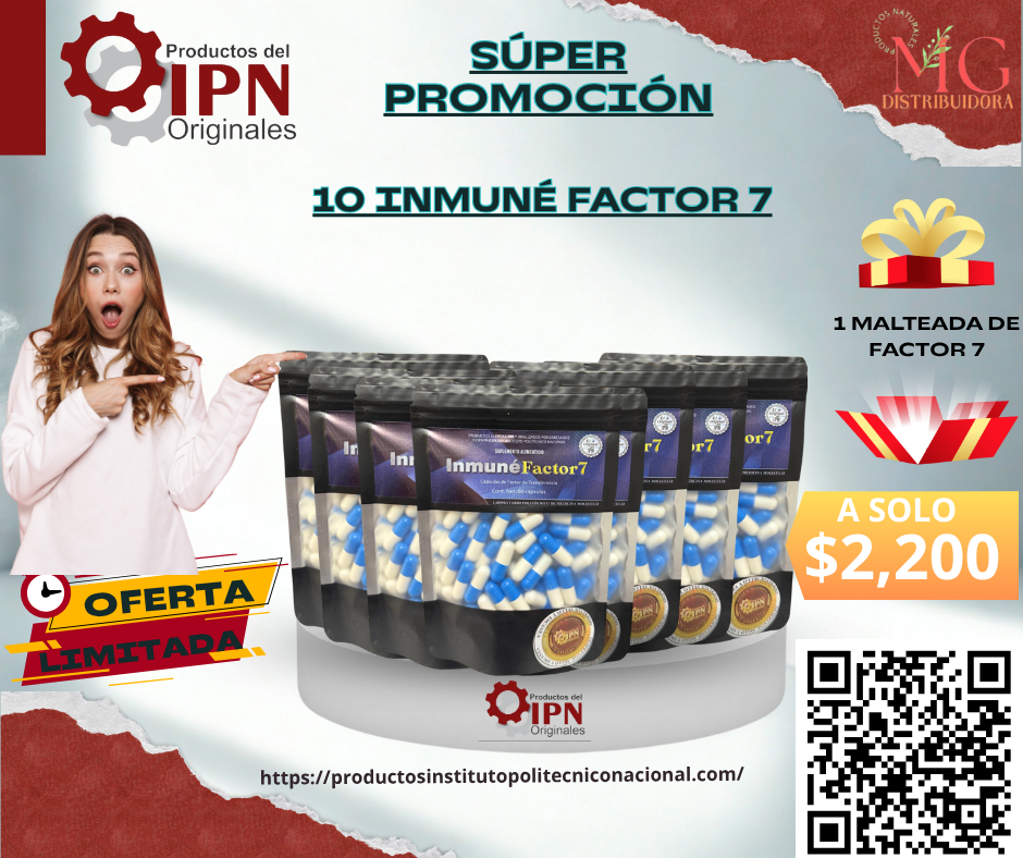 IPN Factor de Transferencia (Inmune 7)
Beneficios Asombrosos:
Mejora el sistema inmune.
Beneficia el sistema nervioso central.
Depura la sangre.
Considerado anti Párkinson y Alzheimer.
Previene el endurecimiento de las arterias.
Ayuda en el tratamiento de diversas enfermedades: cáncer, VIH, artritis, psoriasis, alergias, asma, diabetes, lupus, infecciones por parásitos, bacterias y hongos.